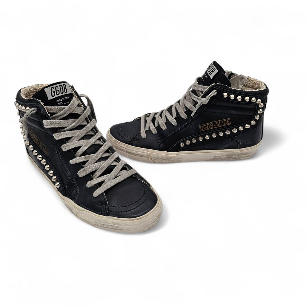 Golden Goose Slide Studded High Top Zip Up Sneaker Black Leather Size 37 US 7 - Picture 2 of 11